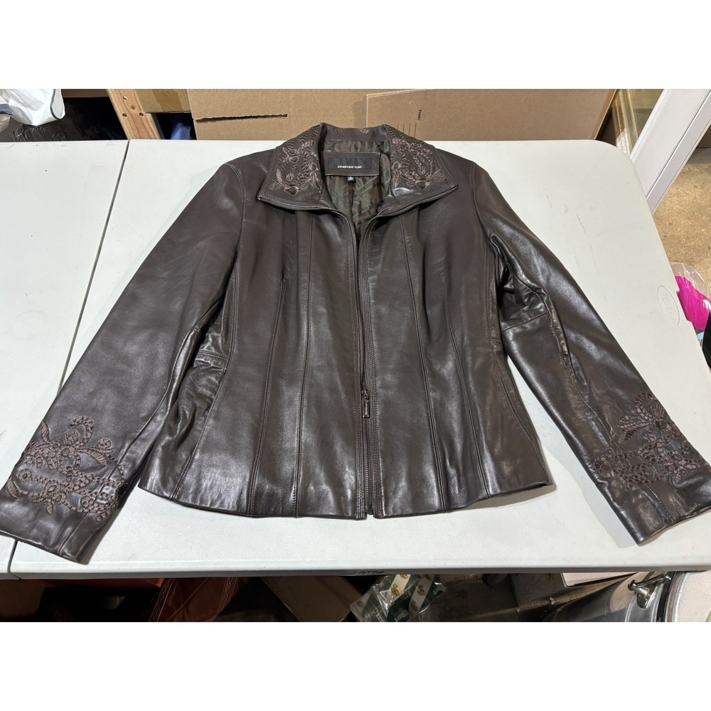 Vintage Jones New York Brown Embroidered Leather Jacket L